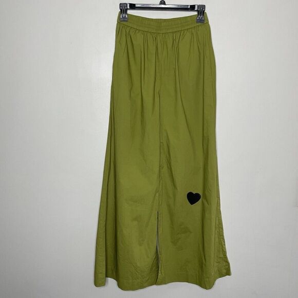 TOCCIN Palazzo Pants Womens XS Green Wide Leg Pockets 100% Cotton Heart Patch - Picture 1 of 10